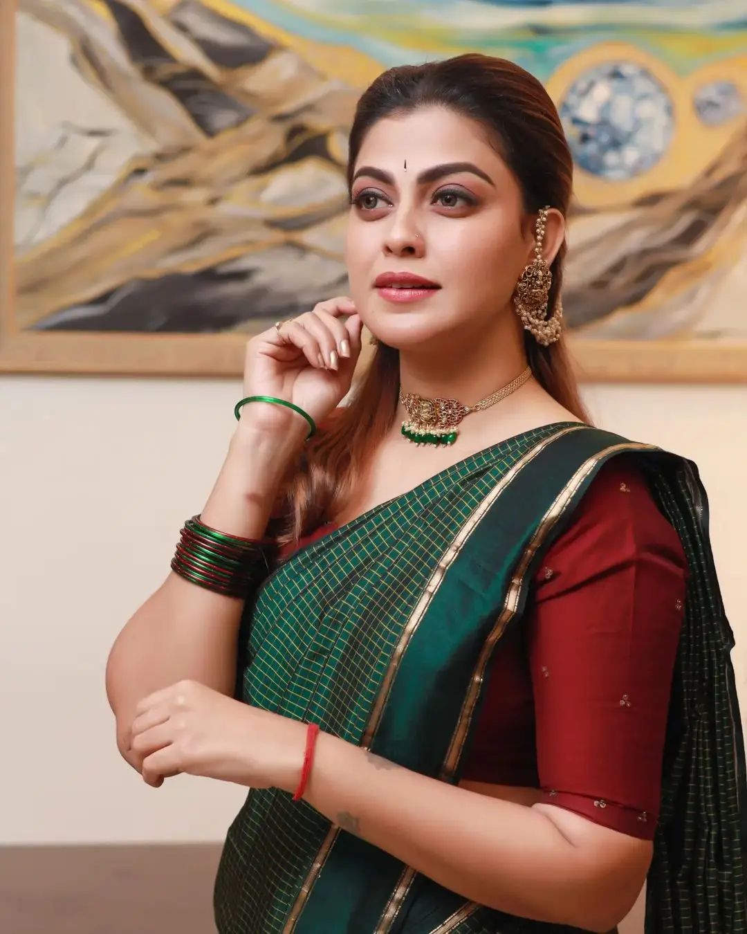 Malayalam Actress Anusree Nair in Green Saree Maroon Blouse